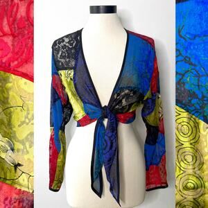VTG 90s Chicos Cropped Patchwork Silk Tie Front Long Sleeve Hippie Top Blouse